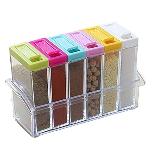 양념통 WICHEMI Plastic Spice Shaker Jars Seasoning Box Condiment Jar Storage Container Mini Spice Bottle with Lid & Tray for Salt Sugar Cruet Pepper Herbs, Set of 6, Colorful