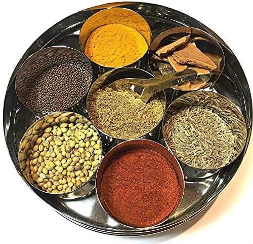 양념통 WhopperOnline Stainless Steel Indian Round Spices Box, Kitchen Masala Dabba, Spice Organizer with 7 Small Containers - Silver, 6.7 inch