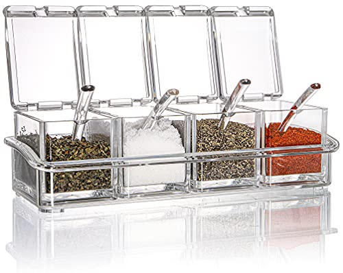양념통 Yesland Clear Seasoning Rack Spice Pots - 4 Piece Storage Container Condiment Jars - Acrylic Seasoning Box, Cruet with Cover and Spoon