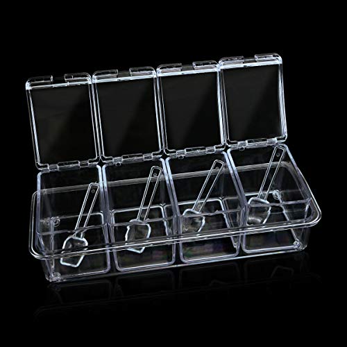양념통 Faxco 4-Cell Clear Seasoning Rack Spice Box, Storage Container Condiment Jars Acrylic Seasoning Box with Cover and Spoon