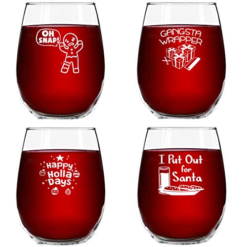 Christmas Puns Funny Stemless Wine Glasses 세트 4 - 15 oz Cheerful Holiday Party Cups- Naughty Hilarious 선물 Exchange Idea Dirty Santa White Elephant