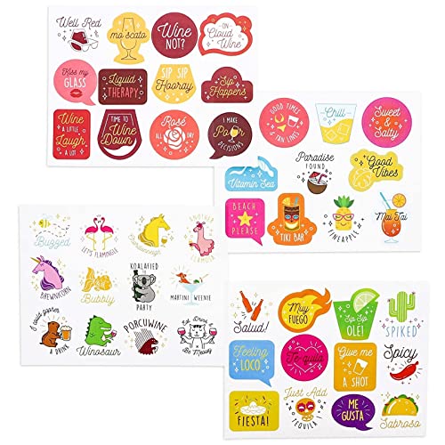 Paper Junkie 47-Count Reusable Wine Drink Glass Sticker Cling Markers 4 Sheets Assorted Designs