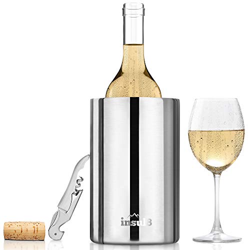 Insulated Stainless Steel Wine Chiller Bucket with Bonus Wine Bottle Opener -- Champagne Bucket -- Elegant White Wine or Champagne Chiller for all 750 ml Bottles -- Keeps Wine Cold With or Without Ice
