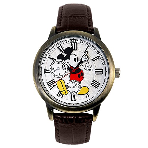 디즈니 미키 손목시계 스와로브스키석 브라운 벨트 화이트 문자판 가죽 벨트 미키마우스 DISNEY 박스 부착 크로노그래프 모델 다흰색 [병행수입품]