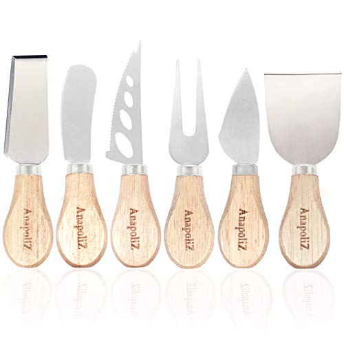 치즈 나이프, 포크 6종 세트 Cheese Knife Set 6 Piece Stainless Steel Wooden Handles Knives Narrow Plane Knife Cheese Fork Small Spade Spreader Shaver Open Work Blade Gourmet Cheese 6 pcs Knife Set By Anapoliz
