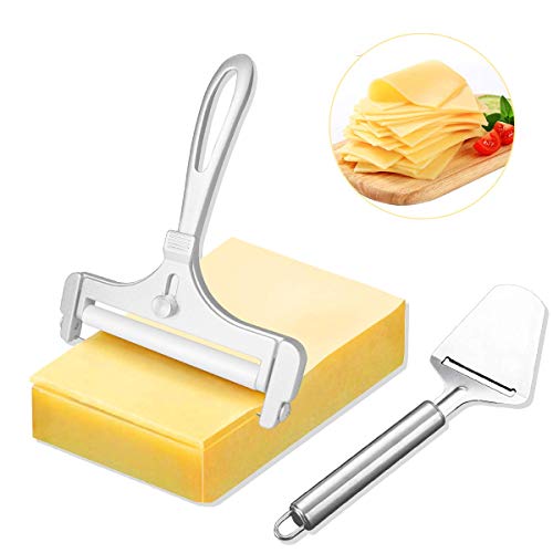 Cheese Slicer, 2 Pcs Stainless Steel Wire Cheese Cutter, Adjustable Thickness Cheese Slicers with Wire, Cheese Plane Slicers for Soft, Semi-Hard, Hard Cheeses, Perfect Kitchen Cooking Tool (Silver)