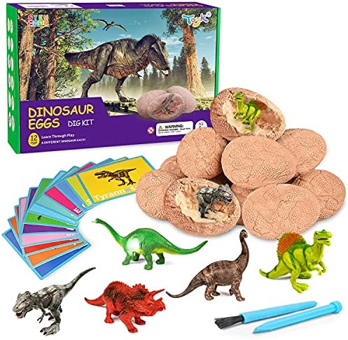 Dig Up Dinosaur Fossil Eggs, Break Open 12 Unique Dinosaur Fossil Eggs and Discover 12 Cute Dinosaurs, Funny Dinosaur Digging Toy for 3 4 5 6 7 8 9-12 Year Old Boys Archaeology Science STEM Gift