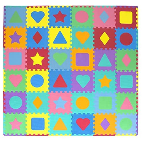 ProSource 어린이 Foam Puzzle Floor Play Mat Shapes & Colors Numbers Alphabets 36 Tiles 12&quotx12" 24 Borders