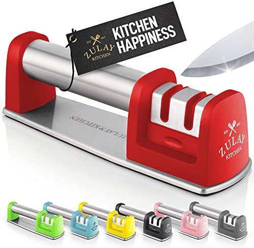 Zulay Premium Quality Knife Sharpener Straight Serrated Knives 스테인레스 스틸 Ceramic Tungsten - Easy Manual Sharpening Dull Steel Paring Chefs Pocket