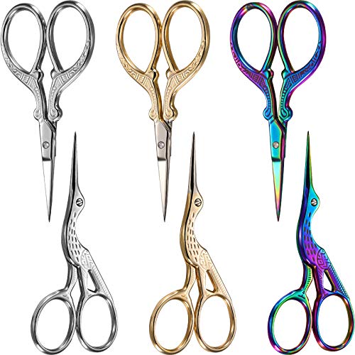 6 Pieces Stork Scissors Crane 디자인 Sewing 스테인레스 스틸 Tip Dressmaker Shears DIY Tools Embroidery Craft Needle Work 아트 3.7 Inch 실버 골드 Multicolor