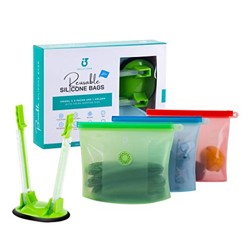 집들이선물 실리콘 밀폐용기 3개 + 홀더 세트 Reusable Silicone Food Storage Bags - Pack of 3 and 1 Holder