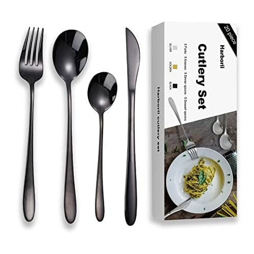 Silverware 세트 HARBORII 20 Pieces Flatware 304 스테인레스 스틸 Heavy Duty Cutlery 5 Mirror Polished Kitchen Forks Knife Spoons Dishwasher Safe