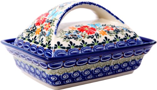 집들이선물 버터 보관함 Polish Pottery Ceramika Boleslawiec, 0352/238, Butter Dish Deep, 2 Cubes, Royal Blue Patterns with Red Cornflower and Blue Butterflies Motif