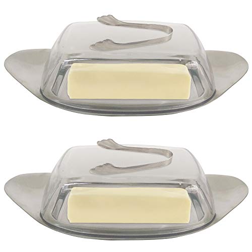 집들이선물 버터 보관함 2개 세트 + 버터집게  2 Pack Stainless Steel Butter Dish with Cover, DaKuan Butter Keeper with Transparent Plastic lid and Free Butter Tongs