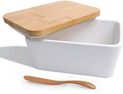 집들이선물 버터 보관함 with 나무스푼 6 Inch Airtight Porcelain Butter Keeper, White Large Ceramic Butter Dish with Bamboo Lid, Holds Up to 2 Sticks of Butter