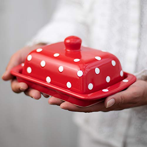 집들이선물 버터 보관함 Handmade Ceramic European Covered Butter Dish With Lid Unique Red and White Polka Dot Pottery Butter Keeper Housewarming Gift by City to Cottage