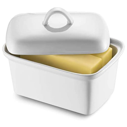 집들이선물 버터 보관함 GOURMEX Classic Butter Dish with Lid Ideal Butter Keeper for Salted, Unsalted Butter and Coconut Butter in Fridge Ceramic White Tray Covered Butter Dish Dishwasher Safe (1 Pound Dish Rounded)