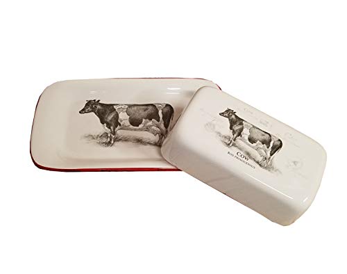 집들이선물 버터 보관함 Farmhouse Dolomite Cow Butter Dish White with Red Trim