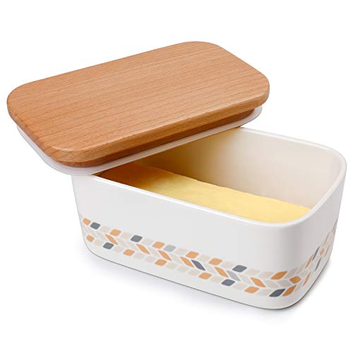 집들이선물 버터 보관함 Flash DealSweese 303.227 Butter Dish - Porcelain Keeper with Airtight Beech Wooden Lid, Holds Up to 2 Sticks of Butter