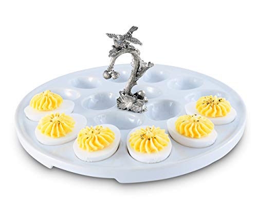 삶은계란 요리 접시 Vagabond House Stoneware Deviled Egg Tray Pewter Song Bird Handle 10.5 Diameter