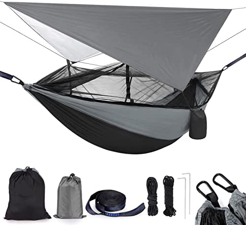 Camping Hammock 2 Person Hammocks with Net, Tent, Tree Straps Heavy Duty Waterproof Lightweight Nylon Portable Hammock for Hiking Outdoor Travel Beach Survival Backyard