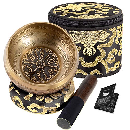 SHANSHUI 5 Tibetan Singing Bowl Set, Nepal Antique Bronze Mantra Carving Hand Hammered, Sound For Yoga Chakras Healing Meditation Zen With Leather Striker Surface Mallet and Silk Cushion Gift -Black