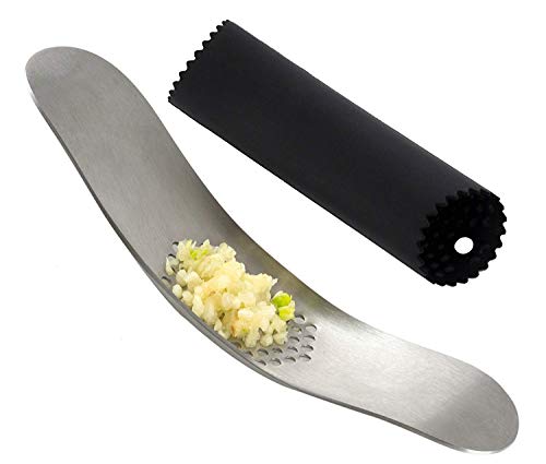 집들이선물 생강 마늘다지기 OMECORE Garlic Press Rocker Crusher Solid Stainless Steel Mincer with Silicone Peeler