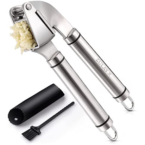 Zulay Garlic Press 스테인레스 스틸 세트 Large - Premium Quality Mincer Silicone Roller Peeler 러스트 Proof & Dishwasher Friendly Crusher 인체공학적 Grip Handle