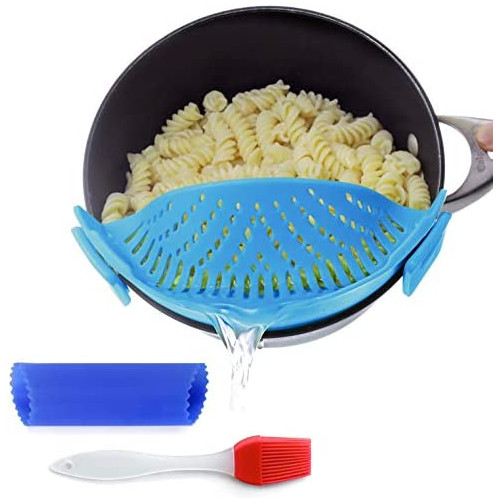Clip-On Kitchen Food Strainer Spaghetti Pasta Ground Beef Grease Colander & Sieve Snaps on Bowls Pots Pans 세트 includes Silicone Brush Garlic Peeler Salbree aqua