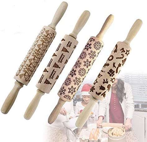 Christmas Wooden Rolling Pins with 3D Engraved Christmas Themed Symbols Embossed for Kids and Adults to Make Cookie Dough Kitchen Baking Tool Attractive Professional Carved Decoration