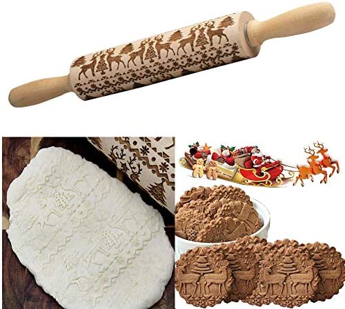 Christmas Wooden Rolling Pin - Wood Rolling Pin with 3D Patterns, Engraved Embossing Rolling Pin with Christmas Deer Pattern for Baking Embossed Cookies Pies, 1 Pack (35cm)