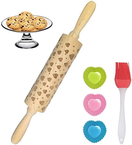 Onebycitess 3D Wooden Rolling Pins with Baking Brushes and Molds,Embossed Natural Wood Carved Heart Patterns Wooden Rolling Pin for Baking Cookies Biscuit(14)