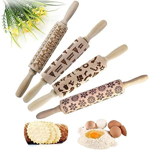 Christmas Wooden 3D Rolling Pins Kitchen Tool, Wooden Rolling Pins Engraved Embossing Rolling Pin with Christmas Symbols for Baking Cookies (Snowflake/elk/Christmas tree/christmas pattern)