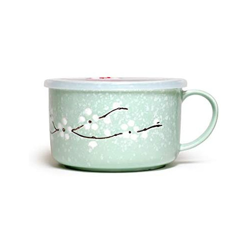 스프볼 스프머그 색상 택1 Microwavable Ceramic Noodle Bowl Handle Seal Fine Porcelain Sakura Snow Flake Floral Design