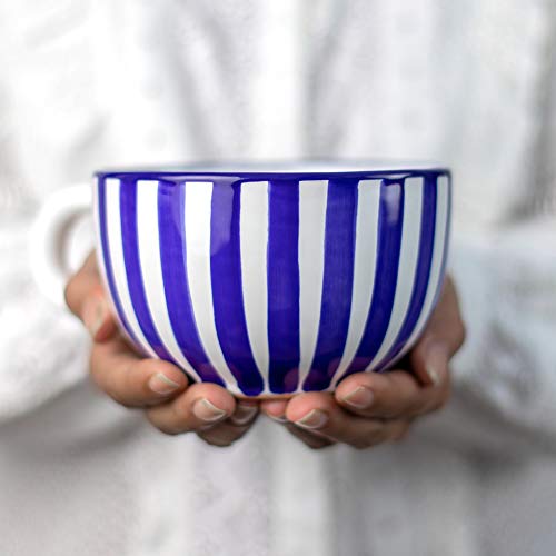 Handmade Ceramic Designer Navy 블루 스트라이프 컵 유니크 Extra Large 17.5oz/500ml Pottery Cappuccino Coffee Tea Soup 머그잔 Housewarming 선물 Lovers 시티 Cottage