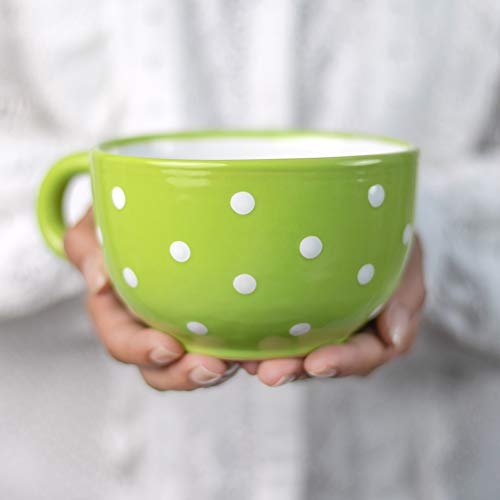 스프볼 스프머그 500ml Handmade Ceramic Designer Lime Green and White Polka Dot Cup, Unique Extra Large 17.5oz/500ml Pottery Cappuccino, Coffee, Tea, Soup Mug Housewarming Gift for Tea Lovers by City to Cottage