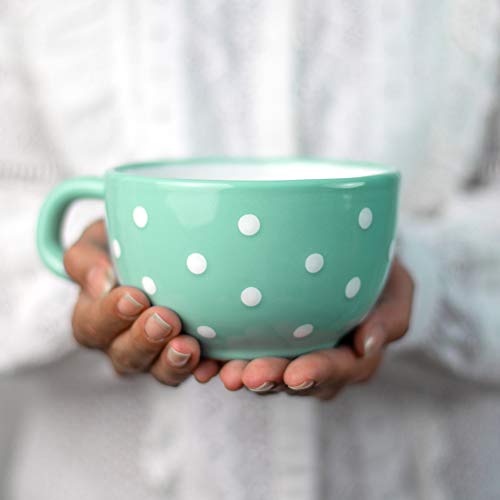 스프볼 스프머그 500ml Handmade Ceramic Designer Teal 블루 White Polka Dot 컵 유니크 Extra Large 17.5oz/500ml Pottery Cappuccino Coffee Tea Soup 머그잔 Housewarming 선물 Lovers 시티 Cottage