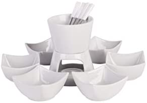 티라이트 캔들 퐁듀 워머 세트 HengTianCheng Ceramic Double Layer Fondue Set,Snack Bowl and Forks for 4, Chocolate Fondue,Cheese Fondue or Butter Fondue Set,White (10-Piece)