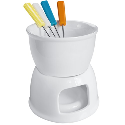 티라이트 캔들 퐁듀 워머 세트 Tebery Fondue Set With 4 Color Forks, Premium Tea Light Porcelain Melting Pot For Cheese, Chocolate and Tapas - White