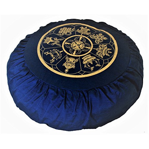 Boon Decor Meditation Cushion Zafu Buckwheat Pillow Eight Auspicious Sacred Symbols - Blue