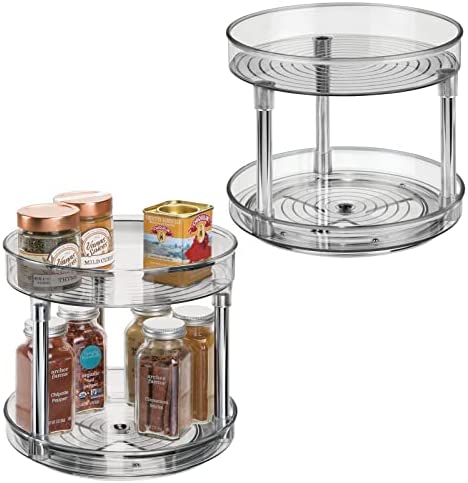 mDesign 2 Tier Lazy Susan Turntable Food Storage Container for Cabinets, Pantry, Fridge, Countertops - Raised Edge, Spinning Organizer for Spices, Condiments - 9 Round, 2 Pack - Clear/Chrome