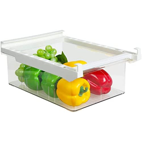 shopwithgreen 2 Pack Refrigerator Organizer Bins with Handle, Pull-out Fridge Drawer Organizer, Freely Pullable Refrigerator Storage Box with 2 Divided Sections, Fit for 0.6 Fridge Shelf