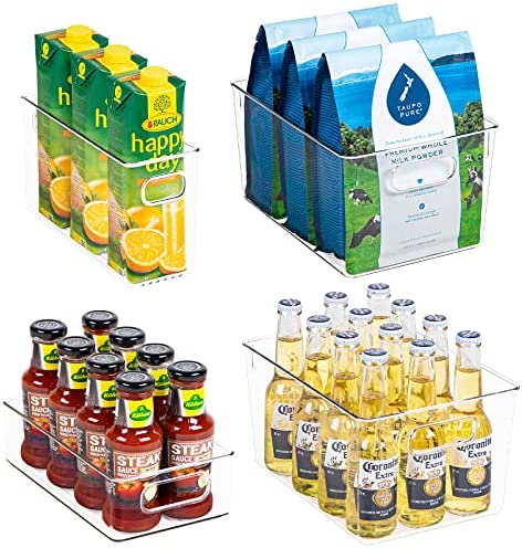 Plastic Refrigerator Organizer Bins - 4 Piece Clear Fridge Organizers with Handles, Fridge Organization Bin Set, Clear Plastic Freezer Storage Bins, Plastic Storage Bins for Cabinets, Pantry