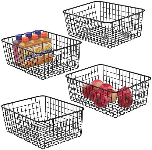 Wire Storage Baskets - iSPECLE 4 Pack Metal Wire Basket Large Pantry Storage Organization Baskets with Handles, Freezer Baskets Bins for Kitchen Pantry Shelf Laundry Cabinets Garage Black