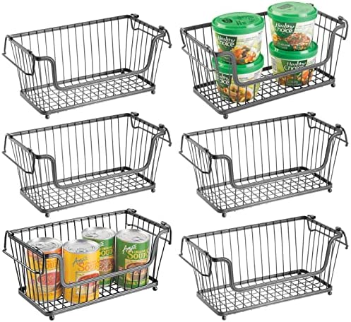 mDesign Modern Stackable 메탈 Storage Organizer Bin Basket Handles Open Front Kitchen Cabinets Pantry Closets Bedrooms Bathrooms - Large 6팩 Bronze