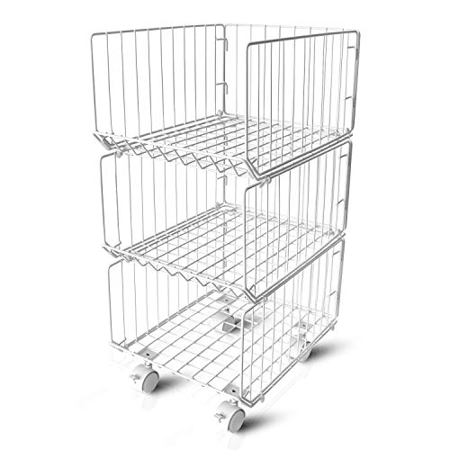 Pup joint 메탈 와이어 Baskets 3 Tiers 접이식 Stackable Rolling Utility Shelf Unit Storage Organizer Bin Wheels Kitchen Pantry Closets Bedrooms Bathrooms