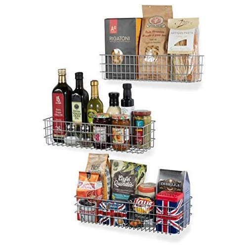 Wall35 Kansas Wall Mounted 메탈 와이어 Baskets Kitchen Organization Storage Varying Sizes Hanging Fruit Basket 세트 3 Gray