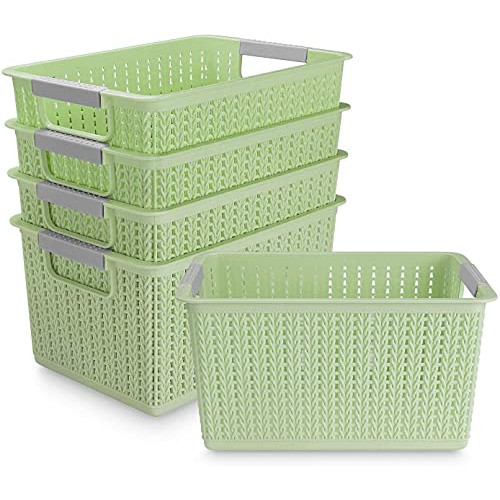 Acrux7 5팩 Plastic Storage Basket Portable Weave Kitchen Refrigerator Bathroom Desktop Box Cabinet - 270mm x 190mm 140mm Green