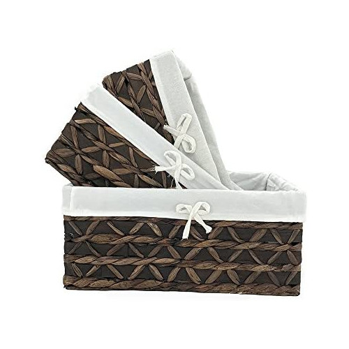 KINGWILLOW Basket Rectangular Woven Seagrass Storage Bin Handle Wood&Water Hyacinth 세트 3