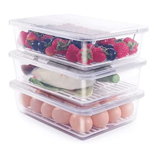 77L Food Storage Container 3팩 Plastic Containers Removable Drain 플레이트 Lid Stackable Portable Freezer - Tray Keep Fruits Vegetables Meat More